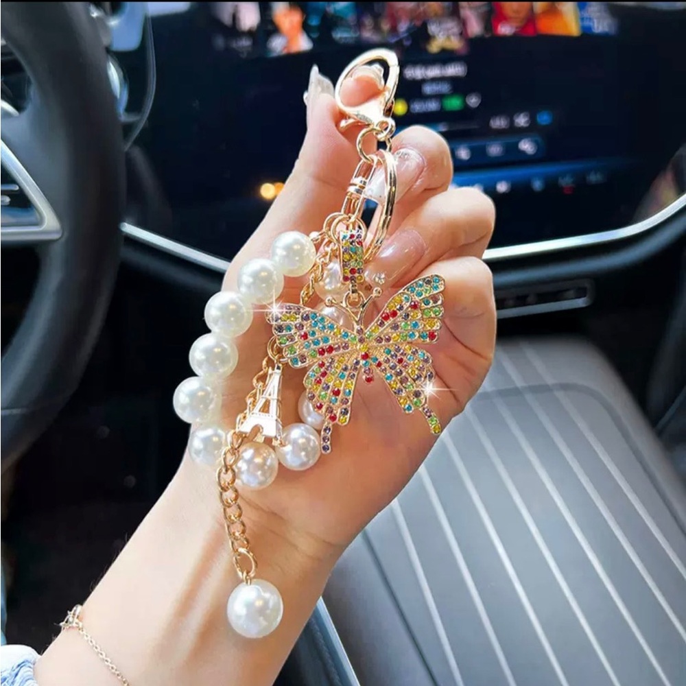 Pearl Beaded Keychain with Multi-Color Crystal Butterfly Charm